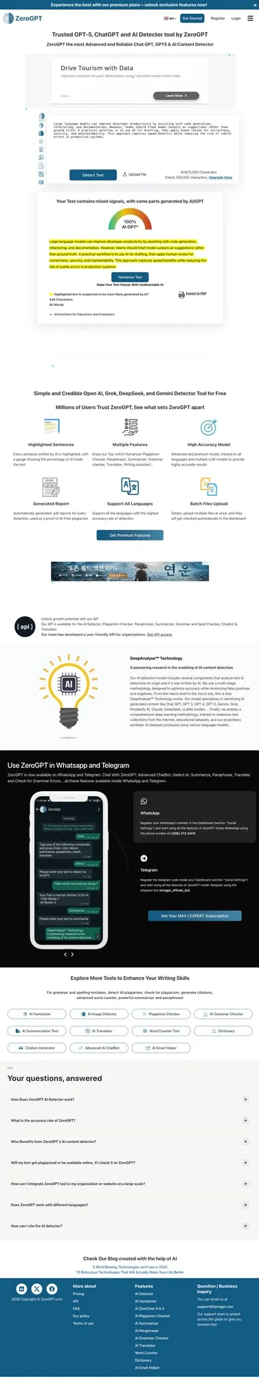 Sample 1 result screen showing C 0/100 after Humanizer in ZeroGPT