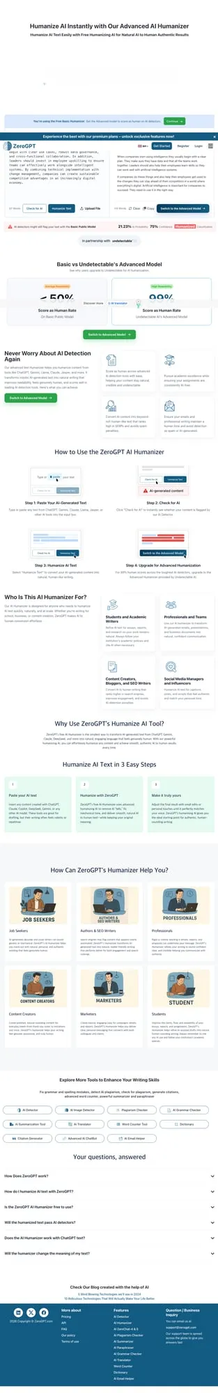 Sample 3 result screen where C 21.23/75 remains after Humanizer in ZeroGPT